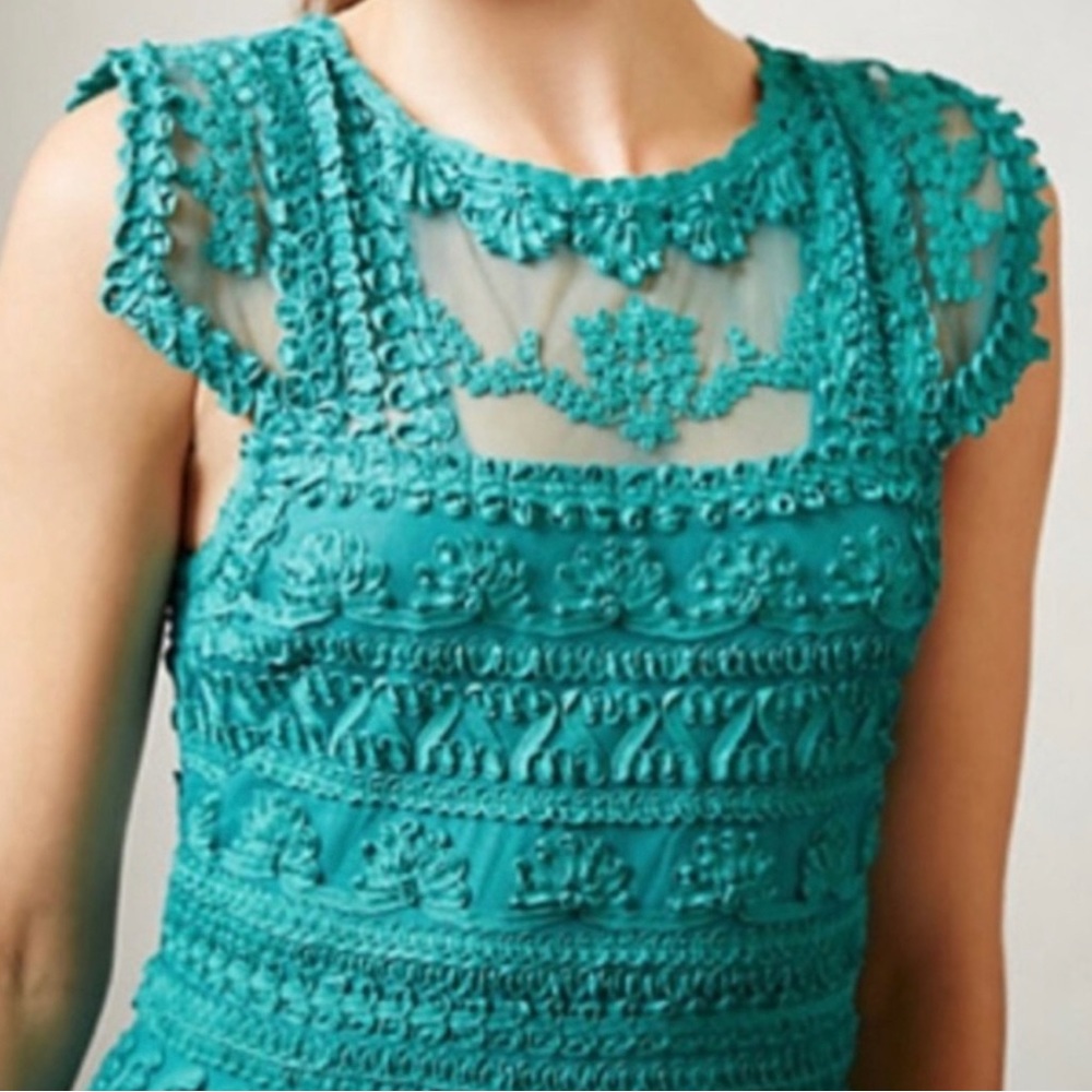 Yoana Baraschi Embroidered Ribbon Teal Dress - Size 4 - Picture 3 of 10
